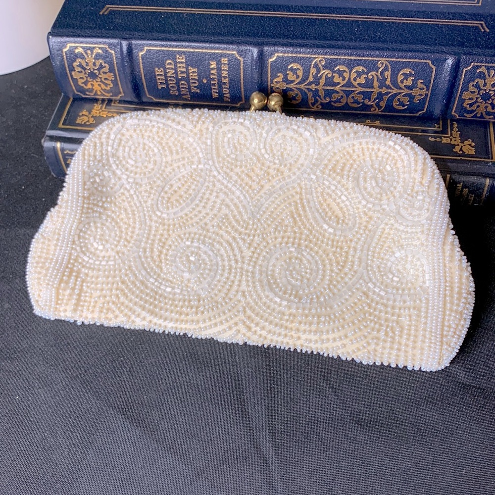 vintage Walborg hand beaded clutch purse bag made in Belgium white cream bridal